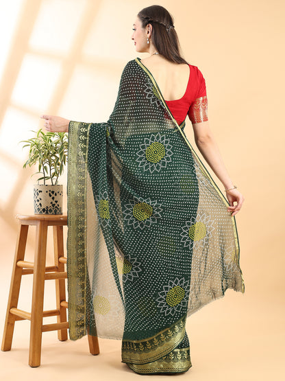 Green Georgette Bandhani Printed Saree
