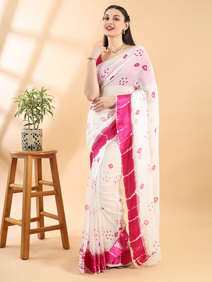 White Georgette Bandhani Printed Saree