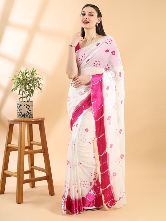 White Georgette Saree with Bandhani Print and Satin Chit Pallu