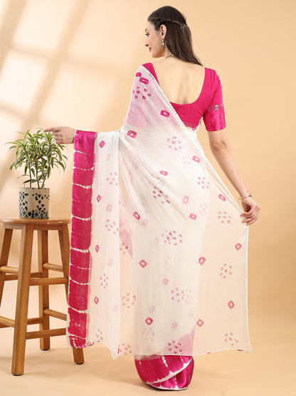White Georgette Bandhani Printed Saree