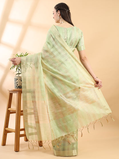 Pista Green Chanderi Silk Zari Striped Saree