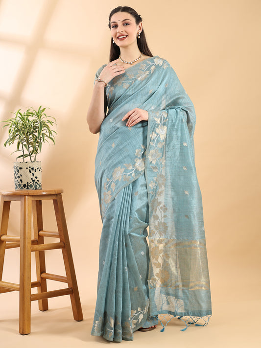 Steel Blue Banarasi Cotton Saree with Zari Floral Border and Pallu