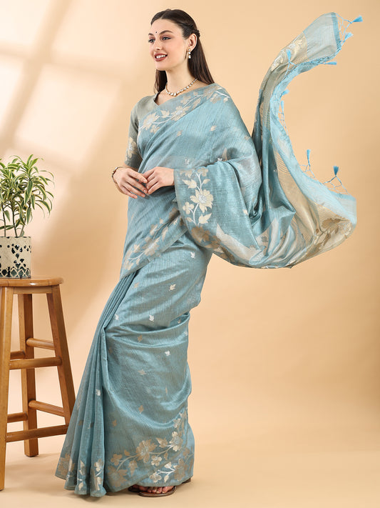 Steel Blue Banarasi Cotton Saree with Zari Floral Border and Pallu