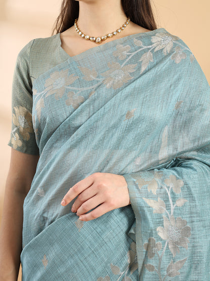 Steel Blue Banarasi Cotton Zari Floral Saree