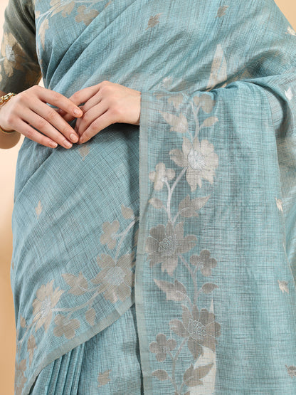 Steel Blue Banarasi Cotton Zari Floral Saree