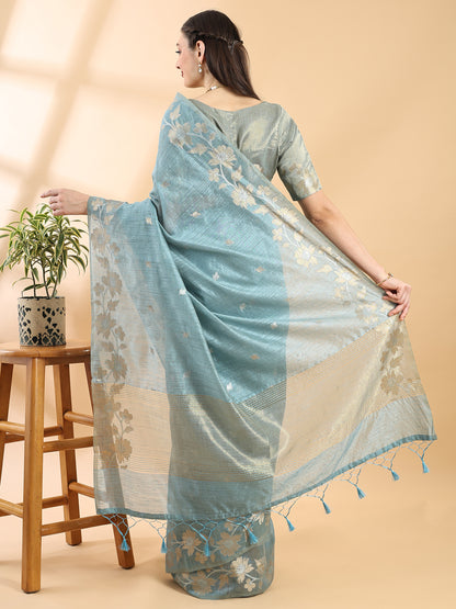 Steel Blue Banarasi Cotton Zari Floral Saree