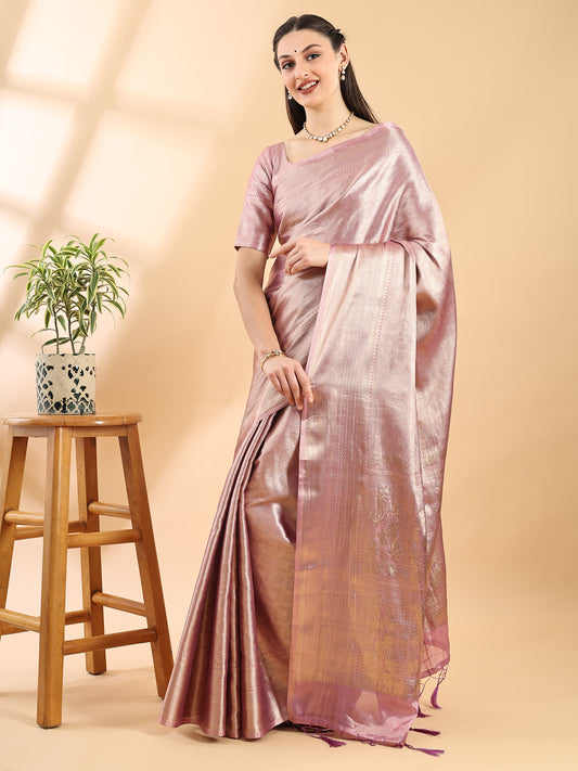 Peach Tissue Banarasi Silk Saree with Geometric Zari Pattern, Border and Pallu
