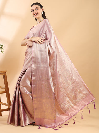Peach Tissue Silk Zari Geometric Saree