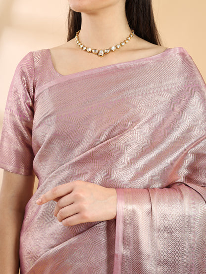 Peach Tissue Silk Zari Geometric Saree