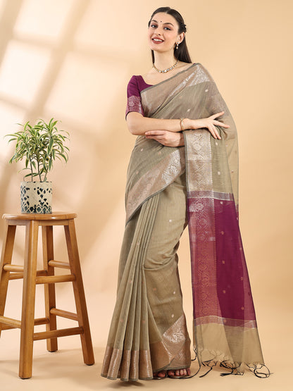 Olive Green Chanderi Cotton Zari Woven Saree