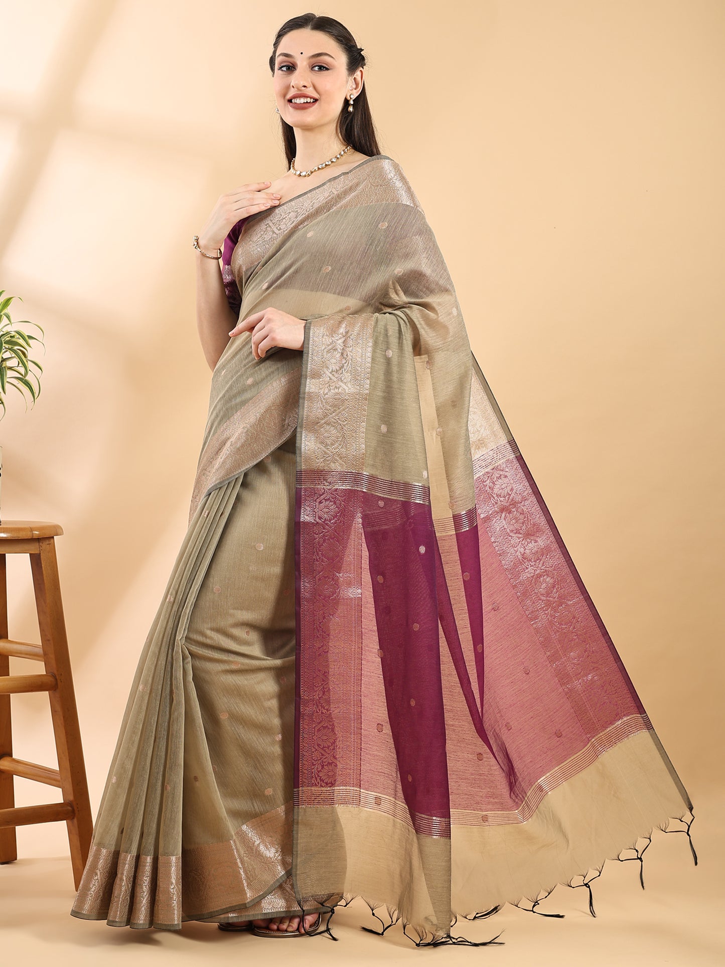 Olive Green Chanderi Cotton Zari Woven Saree