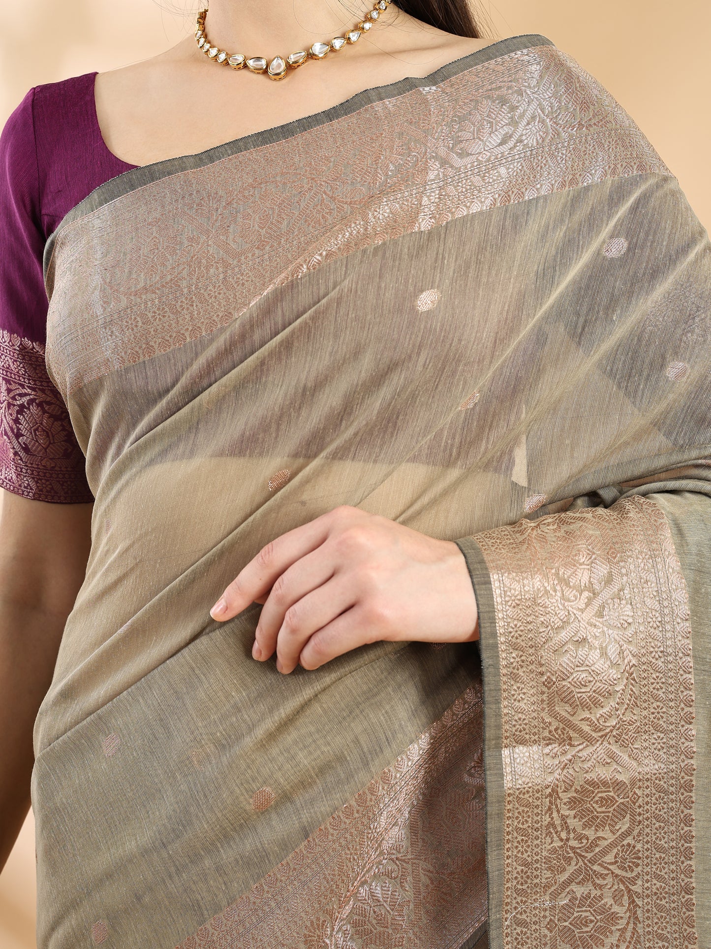 Olive Green Chanderi Cotton Zari Woven Saree