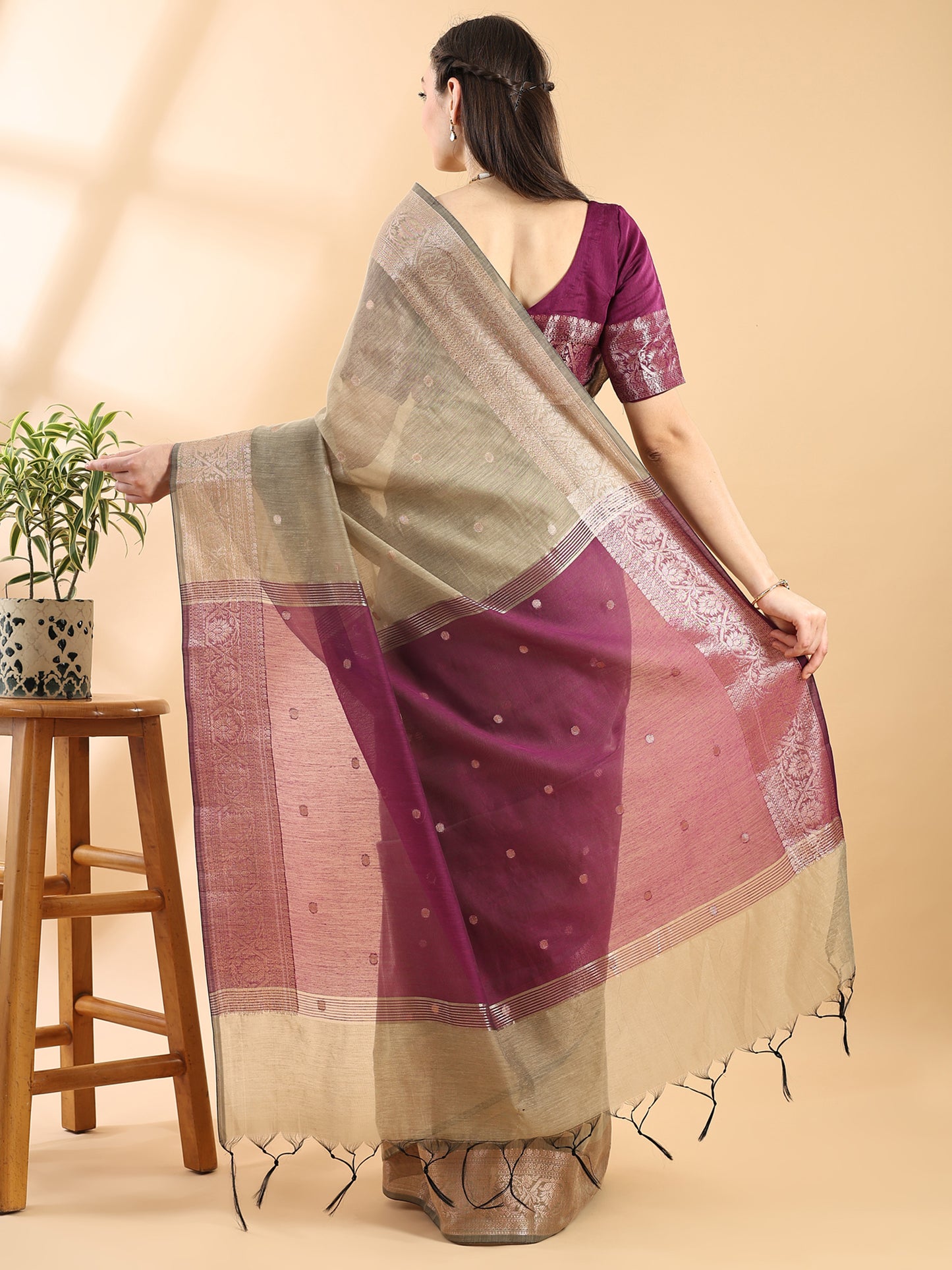 Olive Green Chanderi Cotton Zari Woven Saree