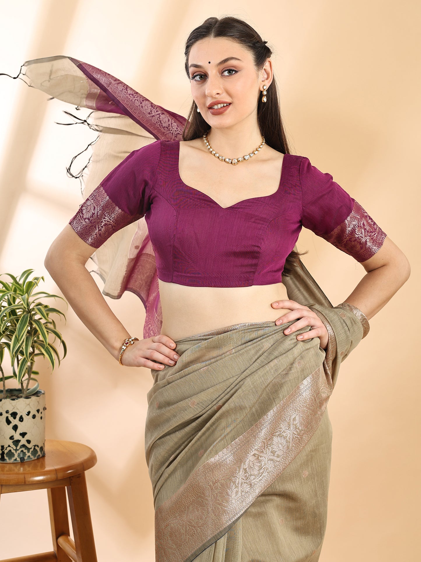 Olive Green Chanderi Cotton Zari Woven Saree