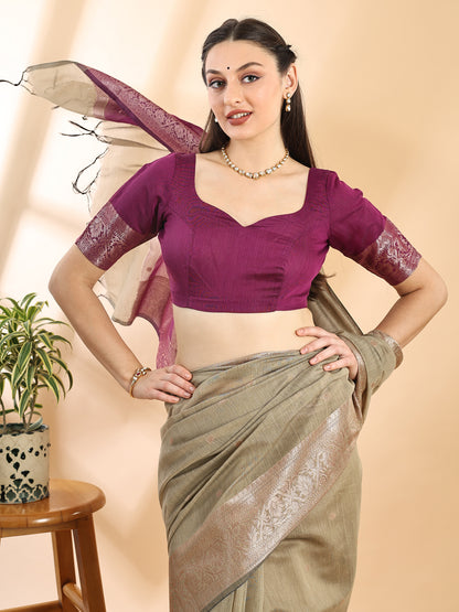 Olive Green Chanderi Cotton Zari Woven Saree