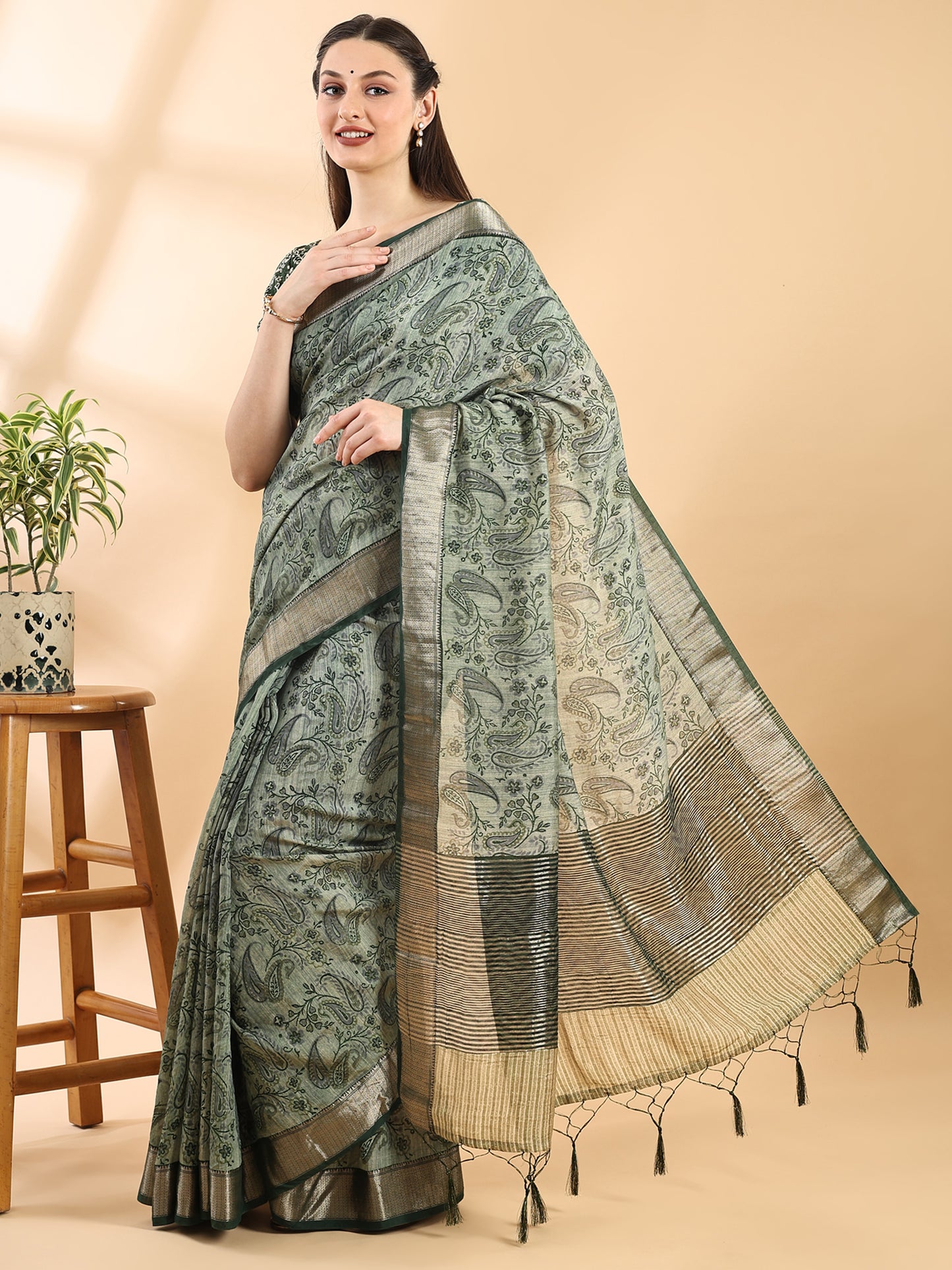Green Assam Silk Golden Woven Saree