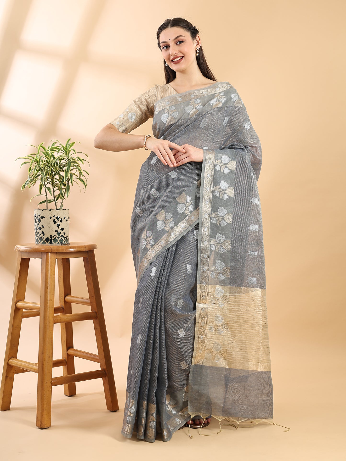 Grey Banarasi Cotton Saree with Zari Boota, Border and Pallu