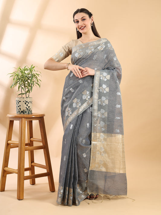 Grey Banarasi Cotton Saree with Zari Boota, Border and Pallu