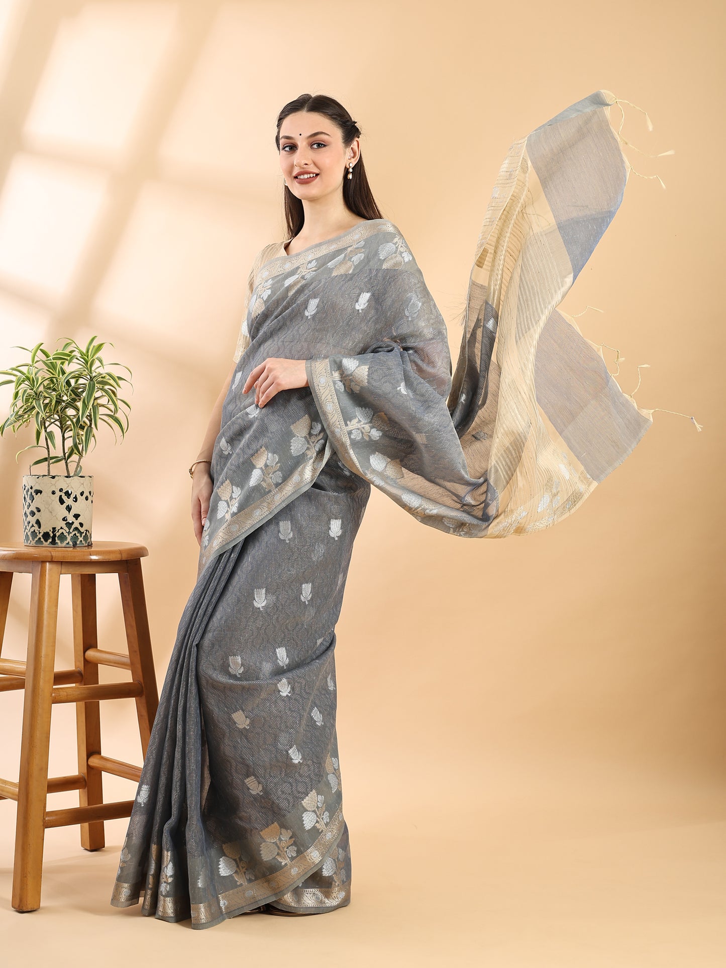Grey Banarasi Cotton Saree with Zari Boota, Border and Pallu