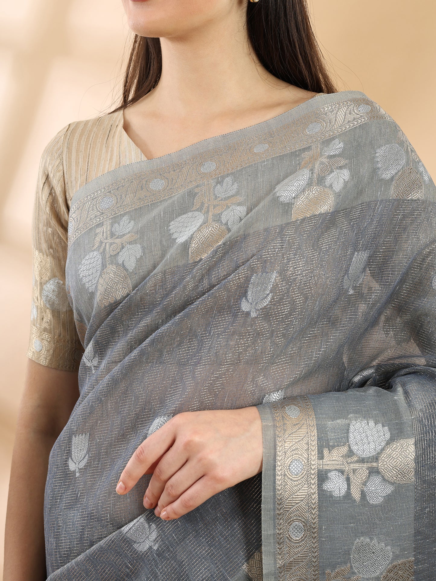 Grey Banarasi Cotton Saree with Zari Boota, Border and Pallu