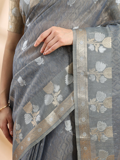 Grey Banarasi Cotton Zari Woven Saree
