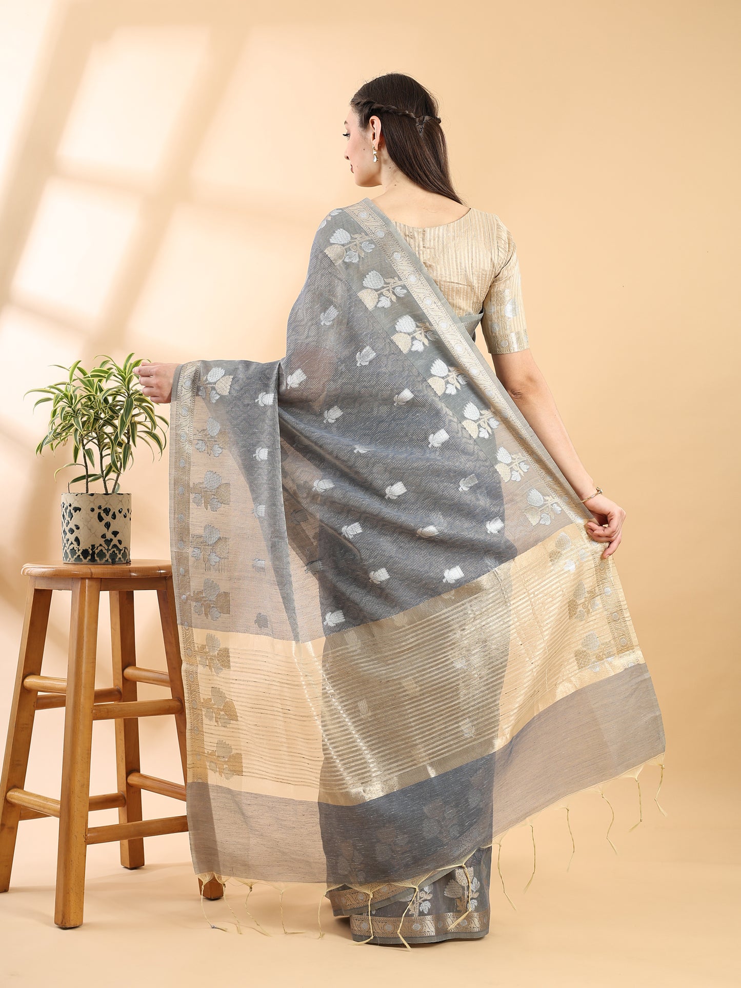 Grey Banarasi Cotton Saree with Zari Boota, Border and Pallu