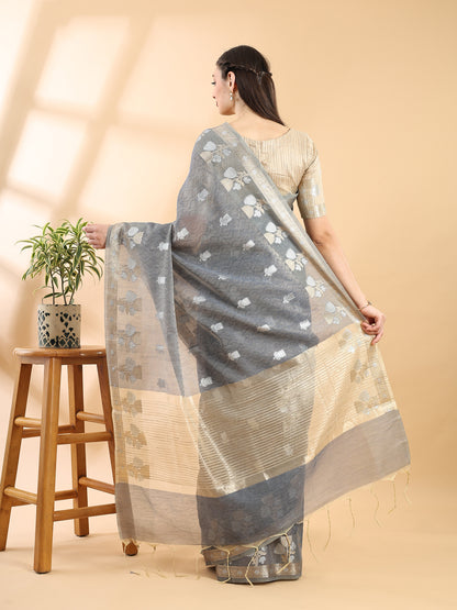 Grey Banarasi Cotton Zari Woven Saree