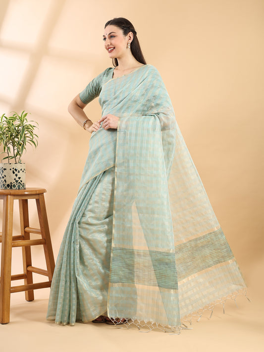 Sea Green Chanderi Silk Saree with Zari Checks, Border and Pallu