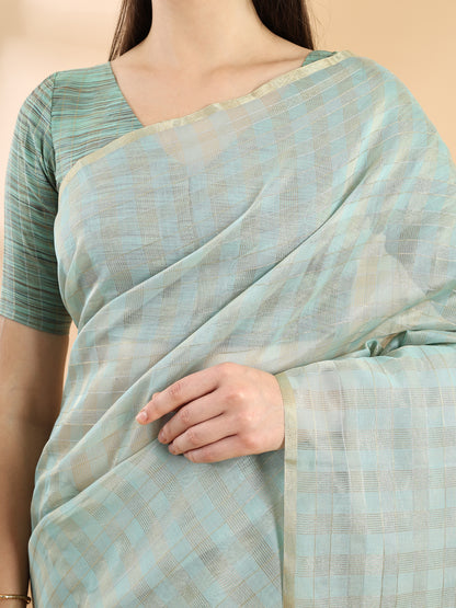 Sea Green Chanderi Silk Zari Checked Saree