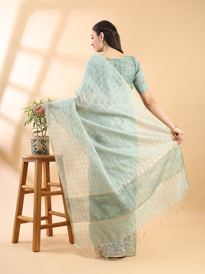 Sea Green Chanderi Silk Zari Checked Saree