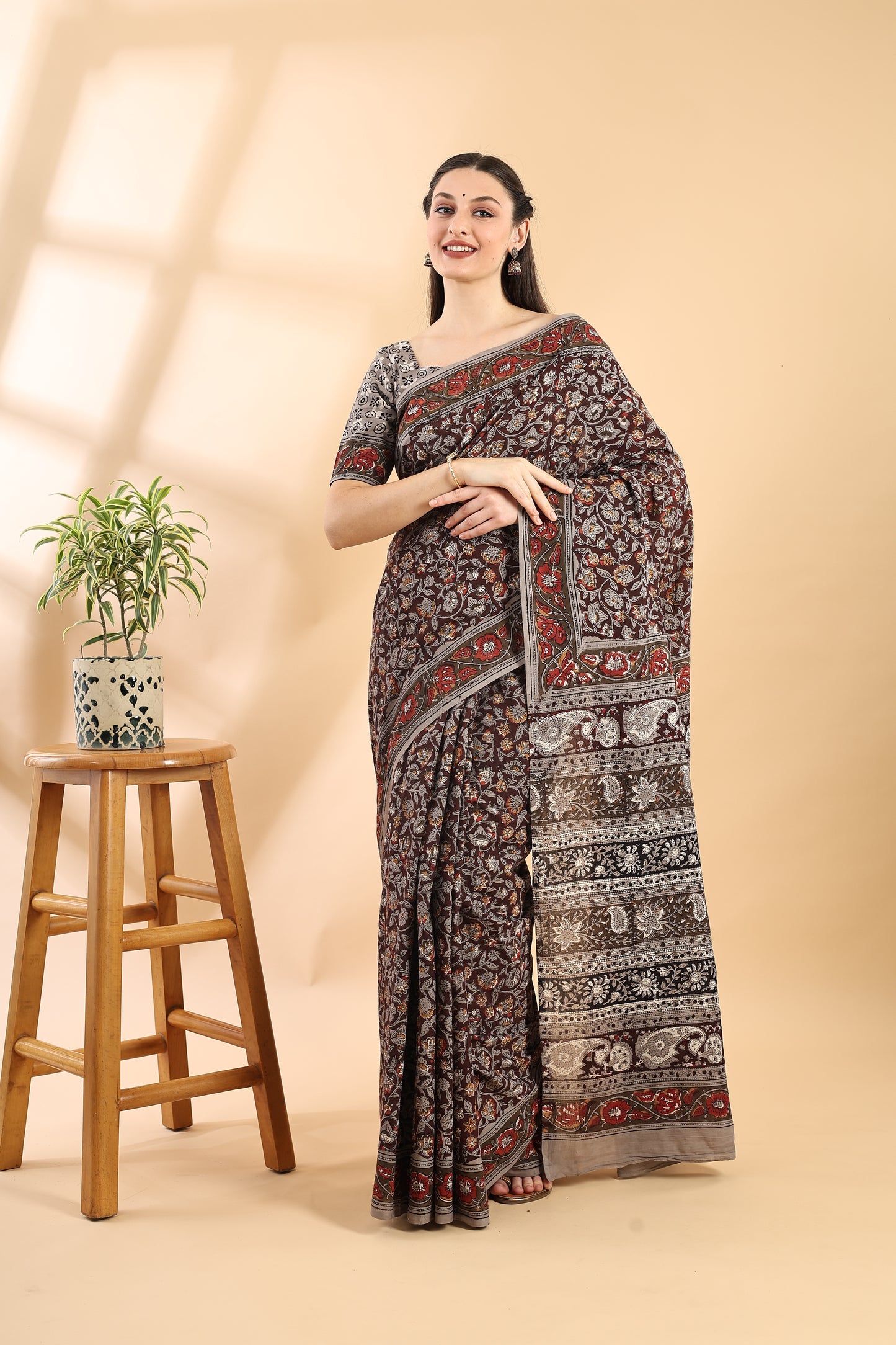 Deep Brown Pure Cotton Saree with Bagru Hand Block Print