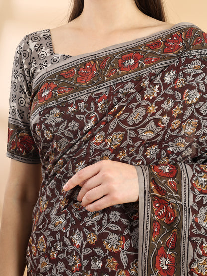 Deep Brown Cotton Bagru Printed Saree