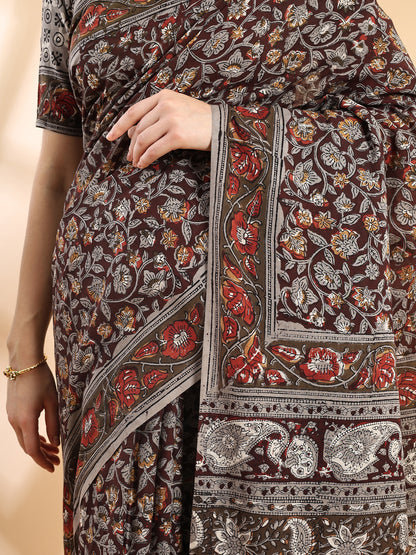 Deep Brown Cotton Bagru Printed Saree