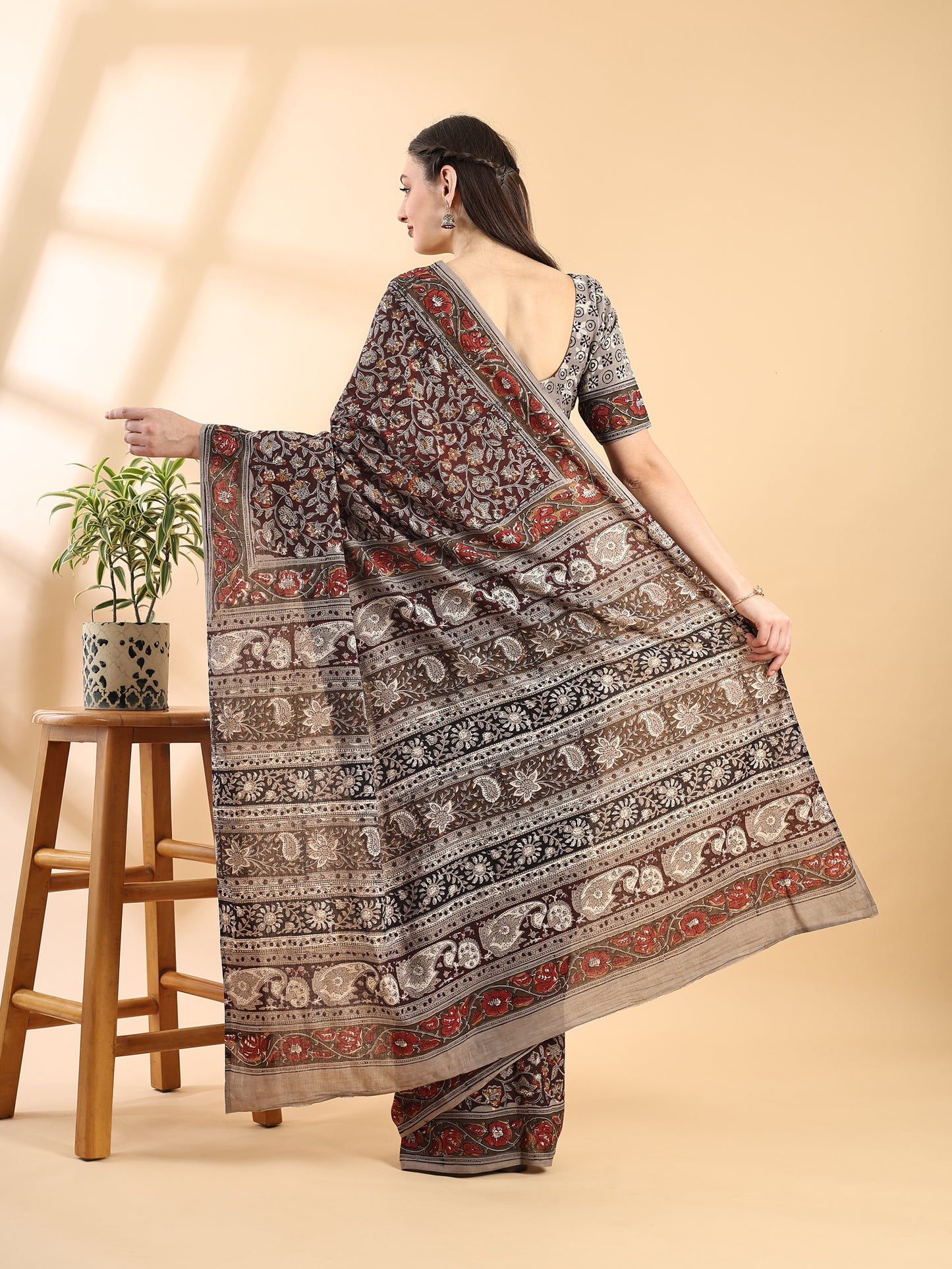 Deep Brown Pure Cotton Saree with Bagru Hand Block Print