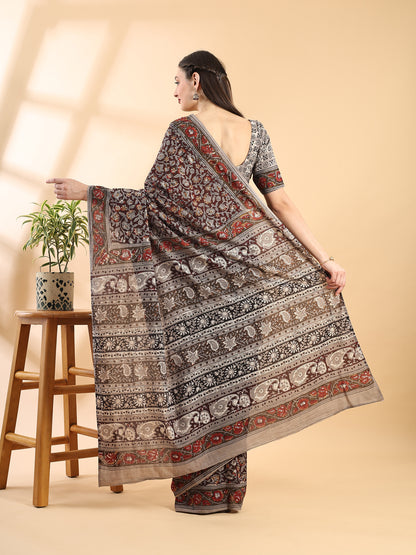Deep Brown Cotton Bagru Printed Saree