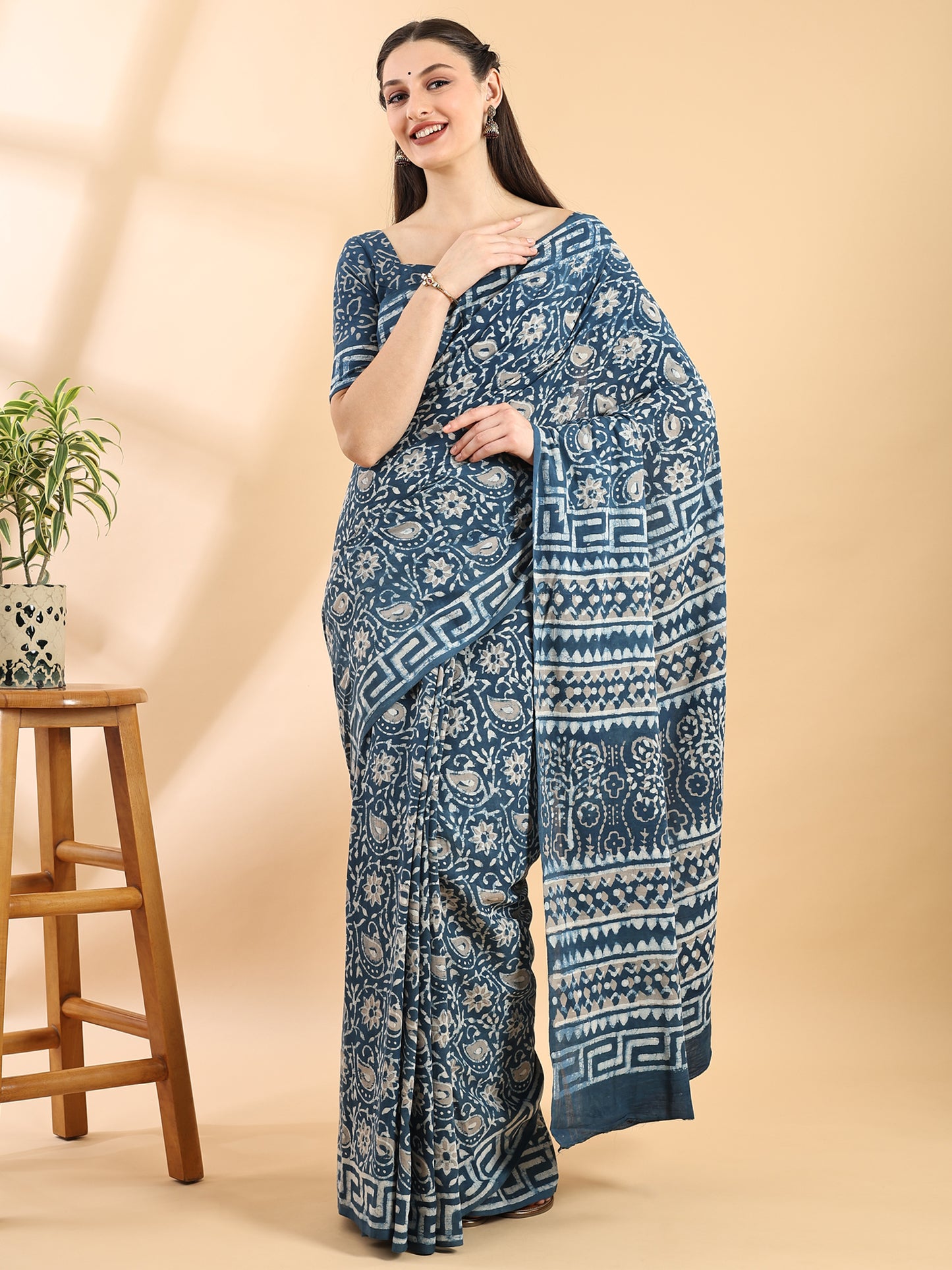 Indigo Blue Cotton Bagru Printed Saree