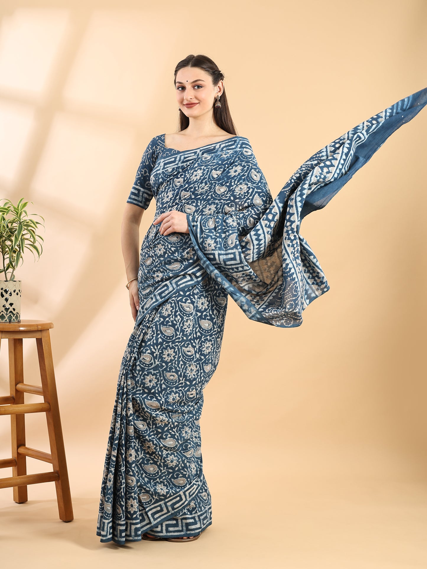 Indigo Blue Cotton Bagru Printed Saree