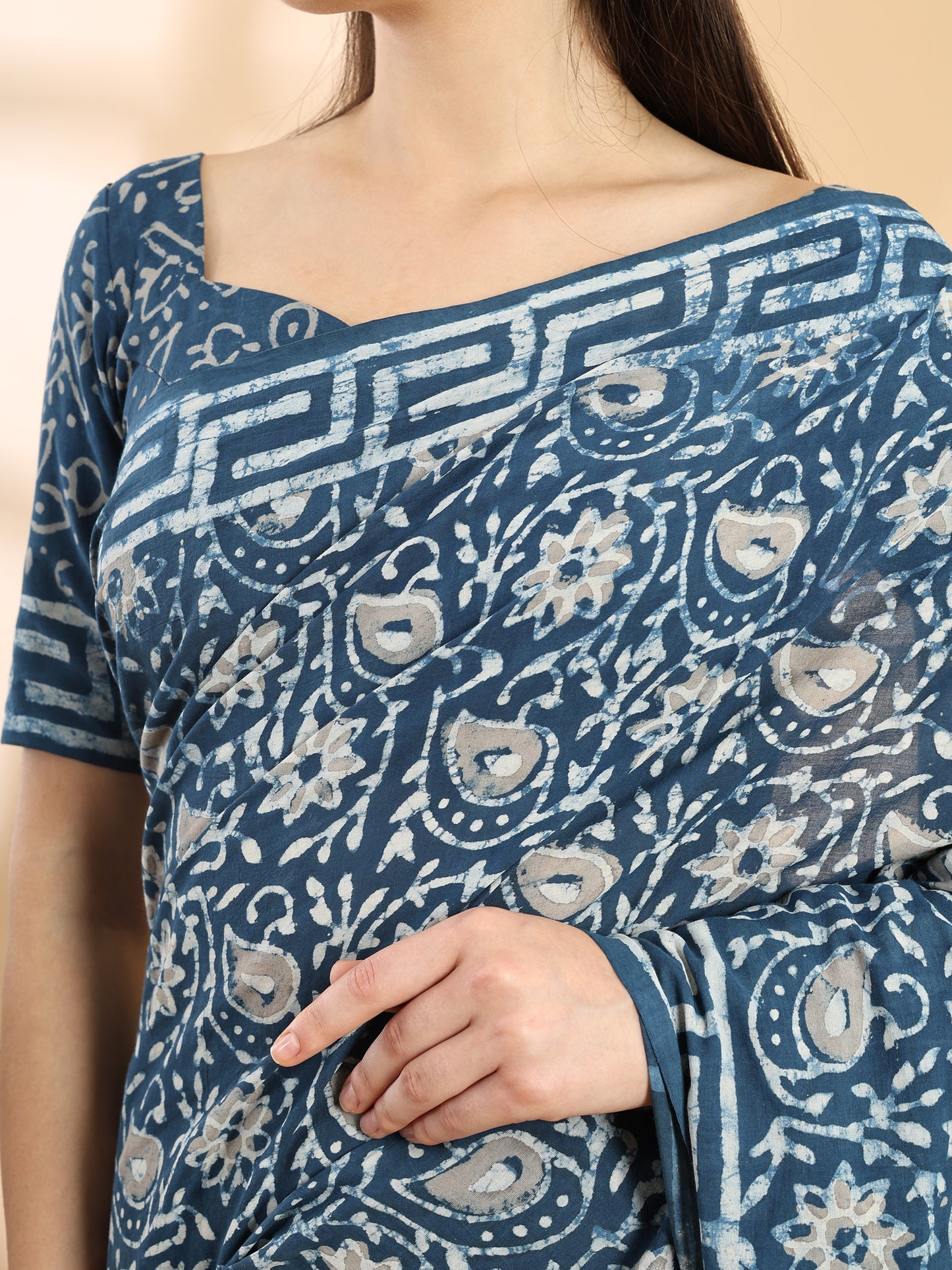 Indigo Blue Cotton Bagru Printed Saree