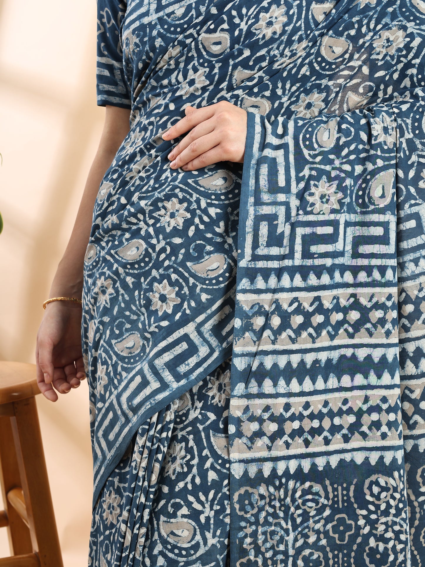 Indigo Blue Cotton Bagru Printed Saree