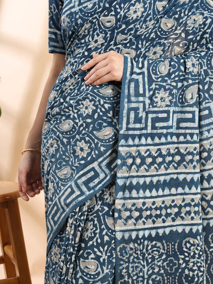 Indigo Blue Cotton Bagru Printed Saree