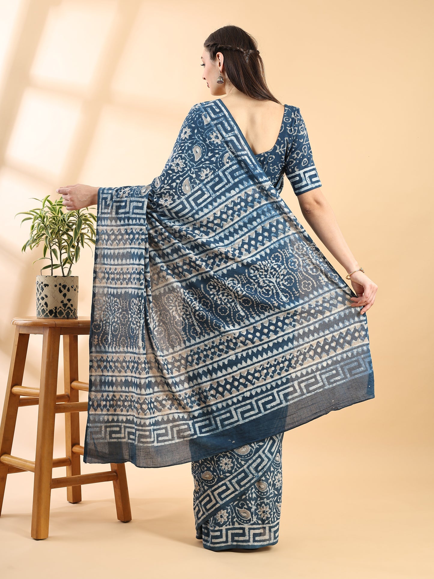 Indigo Blue Cotton Bagru Printed Saree