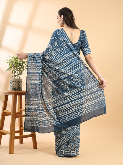 Indigo Blue Cotton Bagru Printed Saree