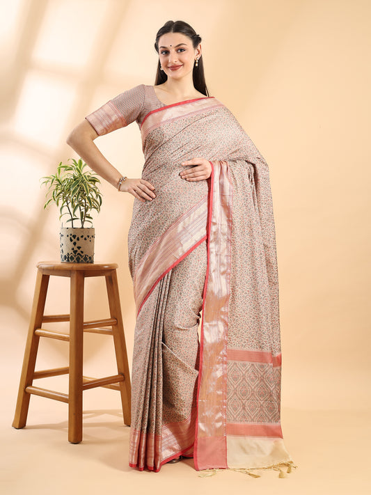 Beige Semi Tanchui Silk Saree with Red Border and Gold Zari Weave