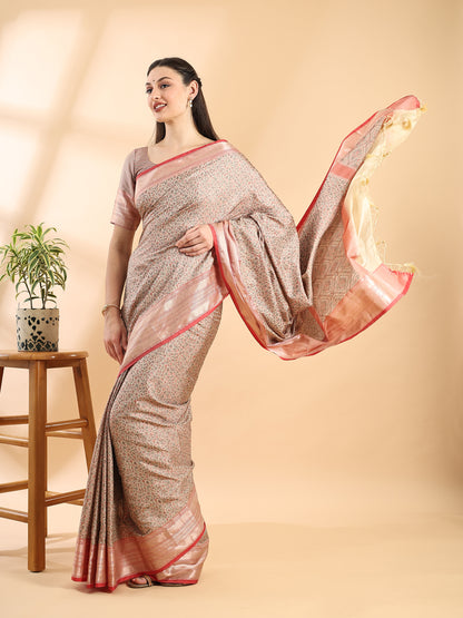 Beige Semi Tanchui Zari Woven Saree