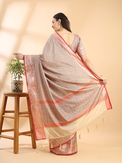 Beige Semi Tanchui Zari Woven Saree