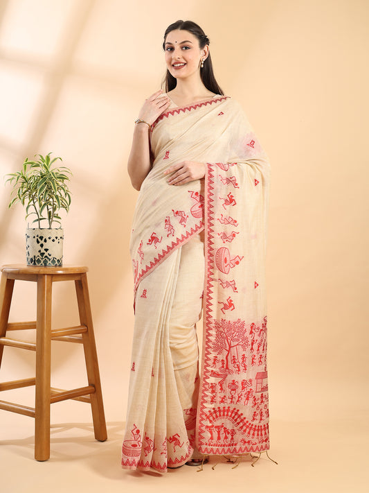 Beige & Red Handloom Jamdani Warli Saree