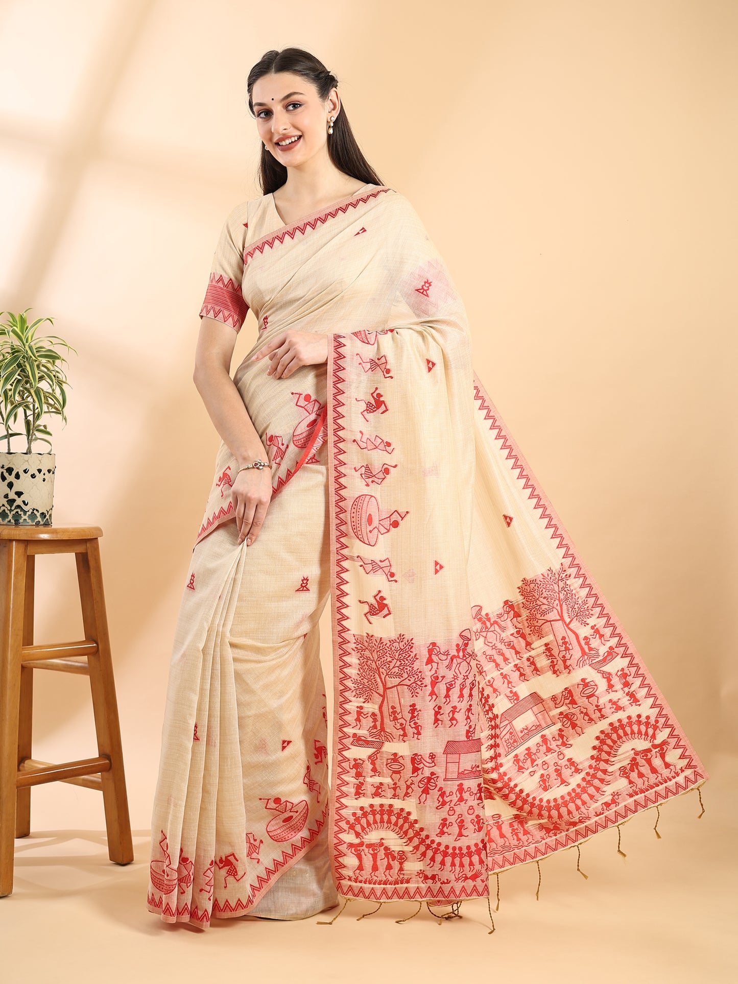 Beige & Red Handloom Jamdani Warli Saree