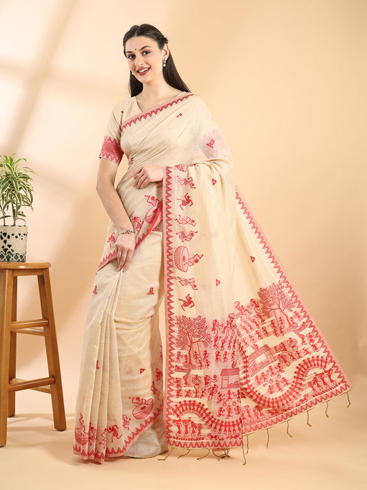 Beige & Red Handloom Jamdani Warli Saree