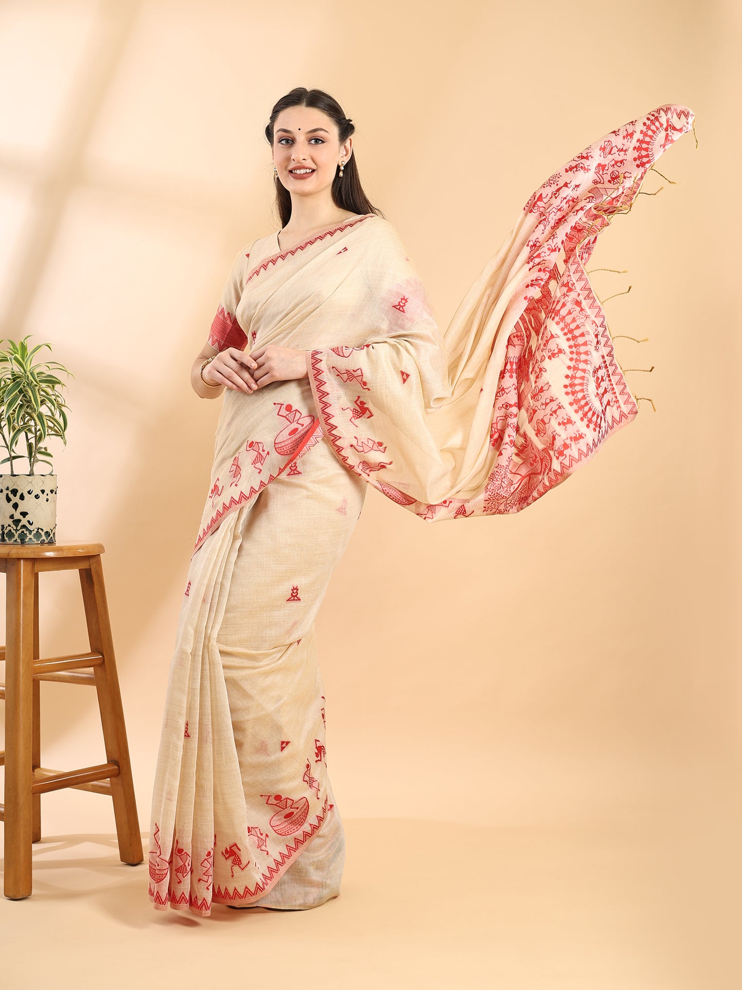 Beige & Red Handloom Jamdani Warli Saree