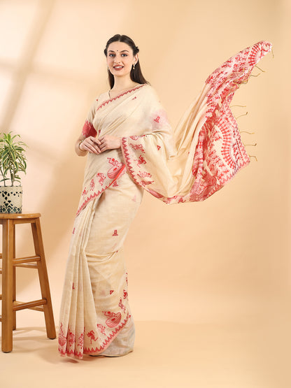 Beige & Red Handloom Jamdani Warli Saree